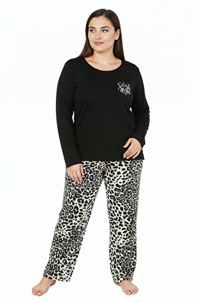 Bravie Set de pijamale lungi din viscoză Elite cu șase modele de leopard, cu text în partea de sus, mărime mare, negru 3588