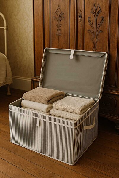 Nevvera Home Kartonlu Hurç 60x40x30 cm – Kapaklı Kumaş Saklama Kutusu (Fermuarsız, Büyük Boy)