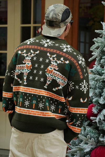 Tarz Cool Men's Khaki Deer Patterned Off-Shoulder Long Sleeve Knitted Sweater