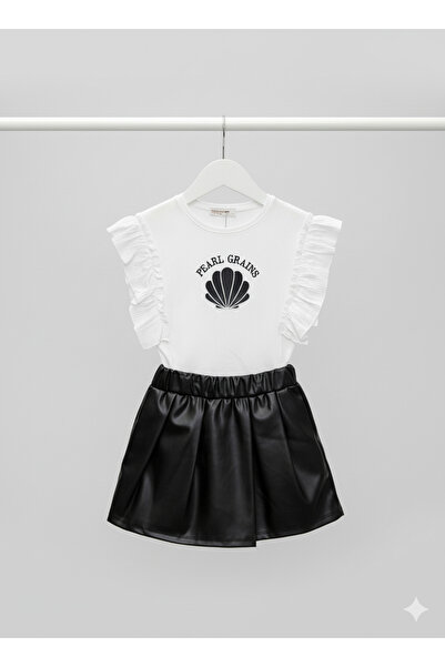 Selvira Kız Çocuk Deri Görünümlü Siyah Şort Etek ve Beyaz Baskılı Tişört Alt ...