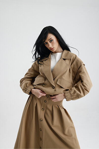 GACA COLLECTION İZLA bomber mont cepli alttan düğmeli derin yakalı trenc kumaş