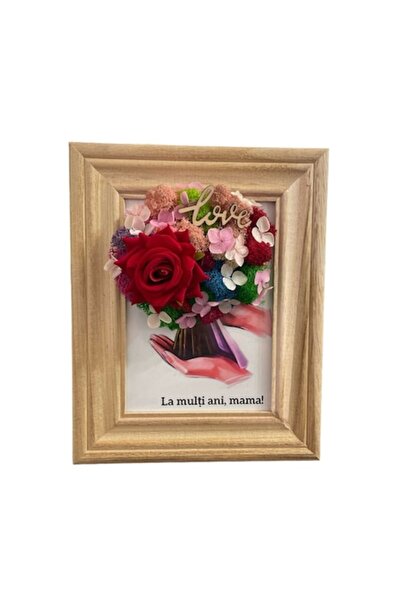 ALVAL Pictură decorativă cu mușchi stabilizat și flori „La mulți ani, mama”, multicoloră, 13x18