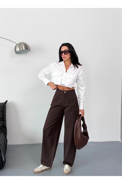 Zeo Basic Women's Brown Skater Fit High Waist Wide Leg Denim Pants