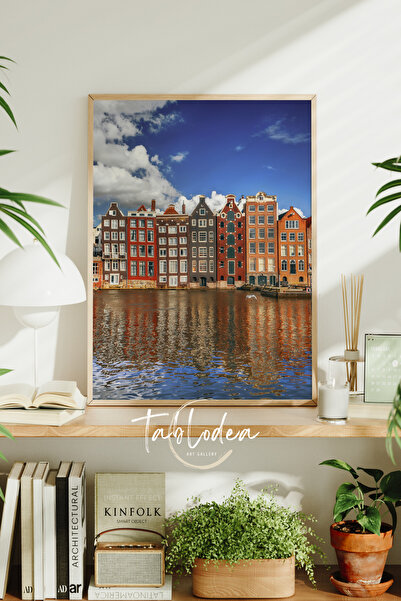 tablodea Amsterdam Kanal Evleri Modern Manzara Çerçeveli Poster Tablo Pintere...