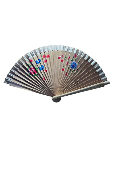 baytoptan Yelpaze Bambu Çift Taraflı Çiçekli El Boyama Tahta Rengi