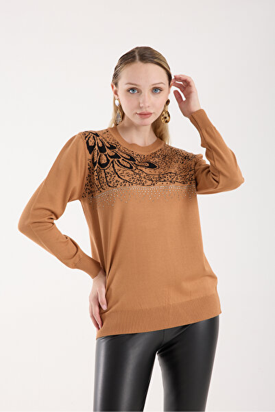 Moda Days Bluză din tricot din țesătură din viscoză Elite bej pentru femei cu pietre aplicate guler rotund