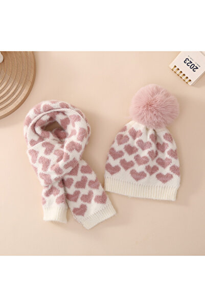 Tessero Set caciula si fular calduroase pentru copii, model cu inimioare, 0-12 luni, Tessero, roz si alb