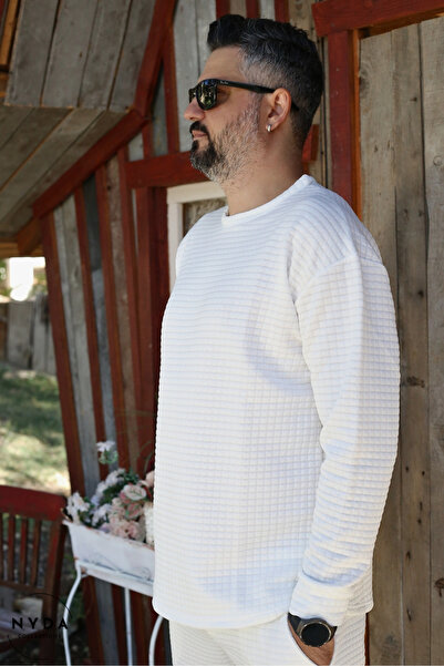 Nyda Collections Men's Quilted Fabric Regular Long Sleeve Sweatshirt with Pockets Elastic Waist Lace-Up Pants Set