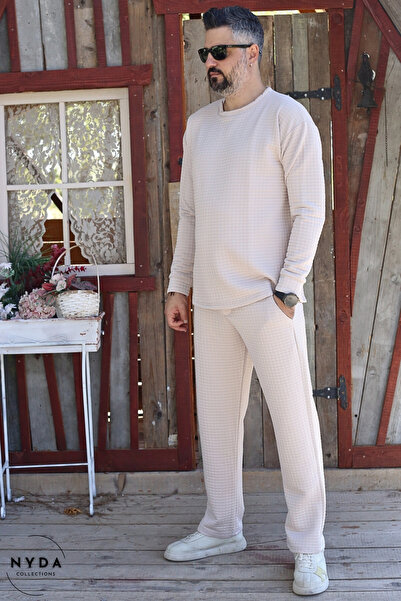 Nyda Collections Men's Quilted Fabric Regular Long Sleeve Sweatshirt with Pockets Elastic Waist Lace-Up Pants Set