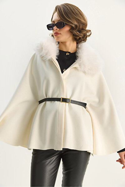 Bianco Lucci Women's Plush Collar Detailed Belted Cashmere Poncho 2805 60281115