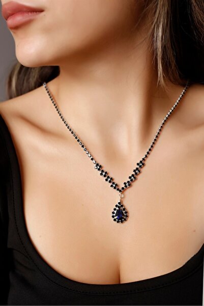 BİJUTERRİ Lacivert Su Yolu Zirkon Taşlı Kolye Gümüş Kaplama Kolye Kadın Düğün Davet Özel Gün Kolyesi