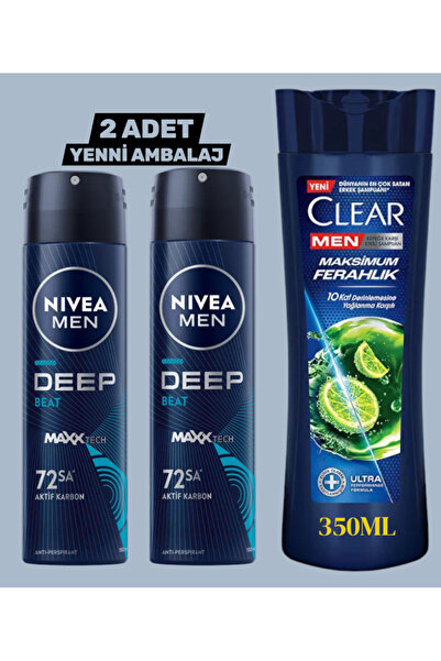 NIVEA Men Erkek Sprey Deodorant Deep Beat 150ml 2 Adet + ClearMen Şampuan Limon Özlü 350 ml