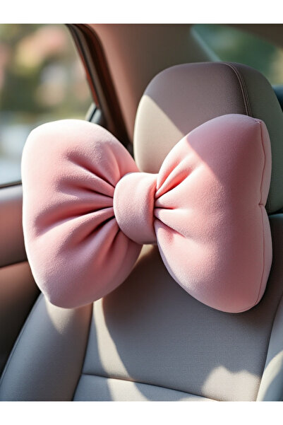 JACA Pembe Peluş Fiyonk Görünümlü Dolgulu Oto Boyun Yastığı Seti (2 Adet)