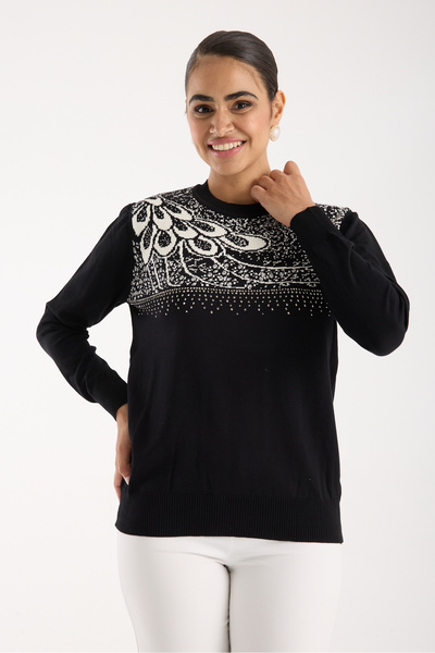 Moda Days Bluză din tricot din țesătură de viscoză Elite neagră pentru femei cu pietre aplicate guler rotund