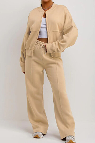 BARLİZ Women's Striped Casual Trendy Bomber Jacket Tracksuit Set