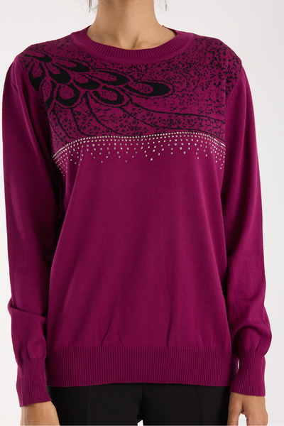 Moda Days Bluză din tricot din țesătură din viscoză Plum Elite pentru femei cu pietre aplicate guler rotund