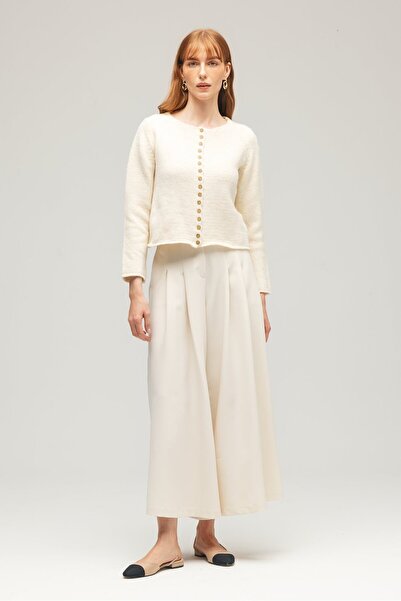 Saade Ekru Kadın Ahşap Düğmeli Uzun Kollu Bisiklet Yaka Triko Hırka