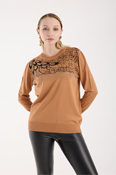 Moda Days Bluză din tricot din țesătură din viscoză Elite bej pentru femei cu pietre aplicate guler rotund