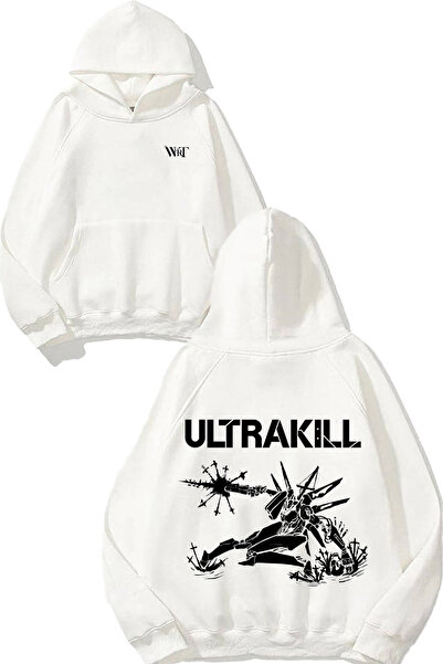 THEWERT Hanorac alb cu glugă cu imprimeu pe spate Ultrakill 2 Design