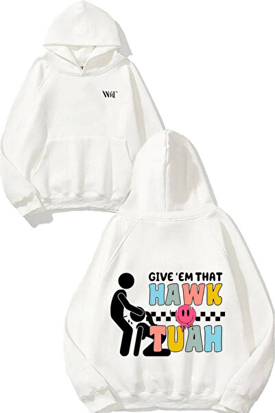 THEWERT Hanorac alb cu glugă cu imprimeu pe spate Give Em That Hawk Tuah Design