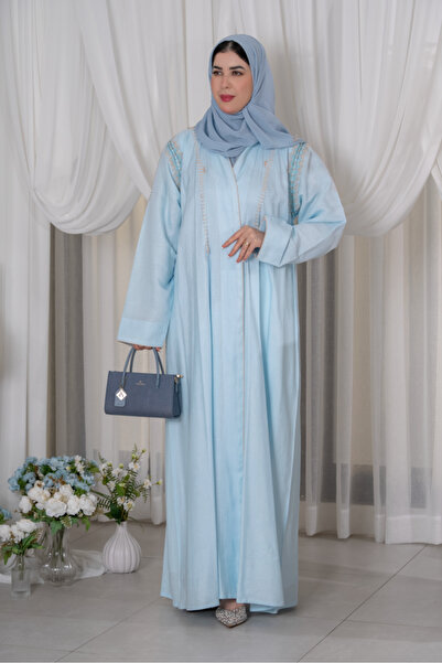 QUEEEN عباية لنن شك لون سماوي