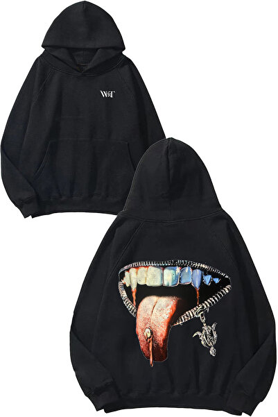 THEWERT Hanorac negru cu glugă cu imprimeu Silver Lip Design