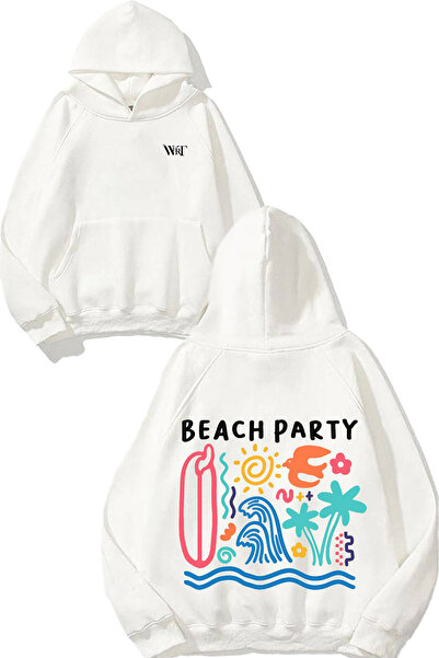 THEWERT Hanorac alb cu glugă cu imprimeu pe spate cu design Beach Party