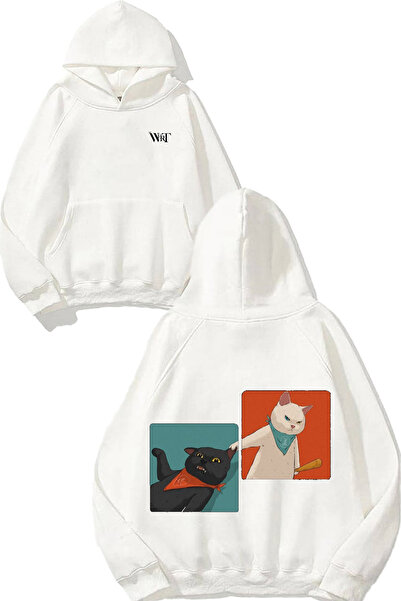 THEWERT Φούτερ με κουκούλα σε λευκό χρώμα με σχέδιο μαύρου και άσπρου γάτας