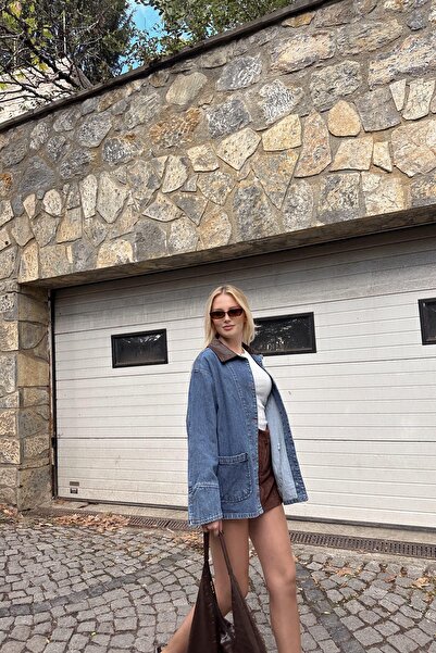 lizge giyim YAKA DERİ DETAY KOT CEKET