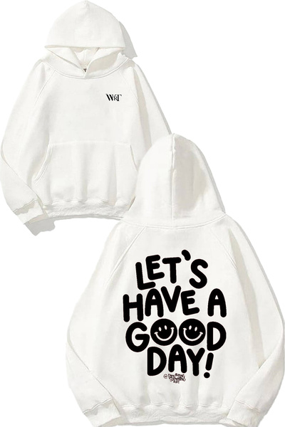 THEWERT سترة بيضاء بقلنسوة مطبوعة عليها عبارة Let's Have A Good Day
