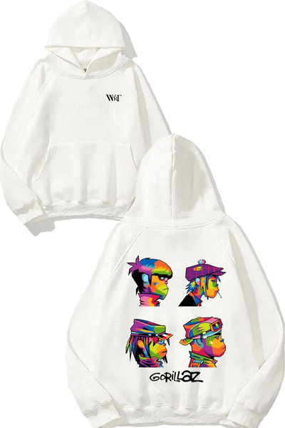 THEWERT Hanorac alb cu glugă cu imprimeu pe spate cu design colorat Goriillaz