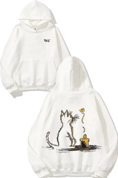 THEWERT Hanorac alb cu glugă cu imprimeu pe spate cu design Mum And Cat