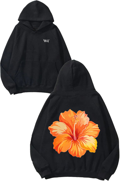 THEWERT Hanorac negru cu glugă cu imprimeu pe spate cu design Orange Hibiscus...