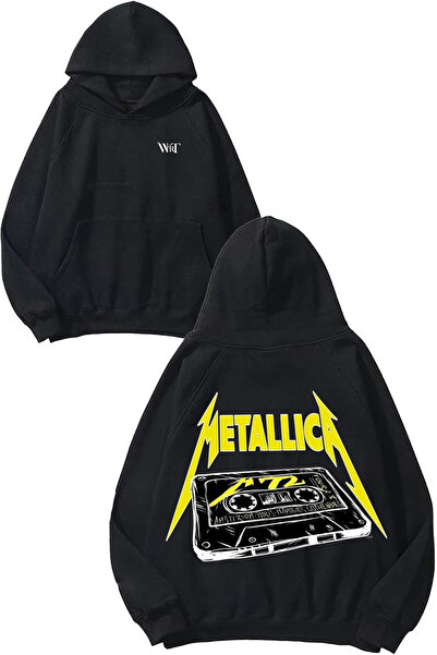 THEWERT Hanorac negru cu glugă cu imprimeu pe spate cu design casetă Metallica