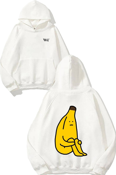 THEWERT Hanorac alb cu glugă cu imprimeu pe spate Sitting Banana Design