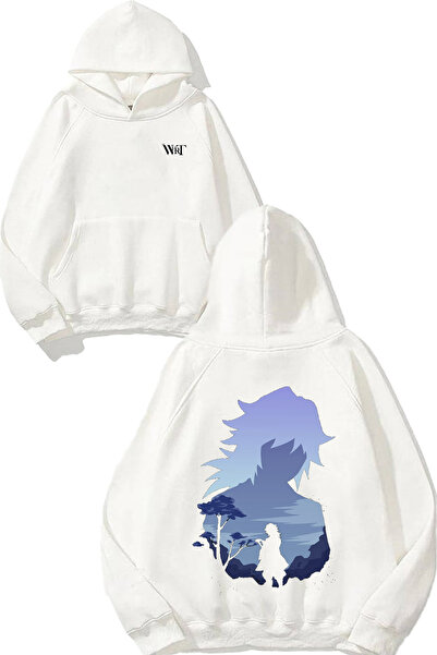 THEWERT Hanorac alb cu glugă cu imprimeu pe spate Demon Slayer Geyu Design