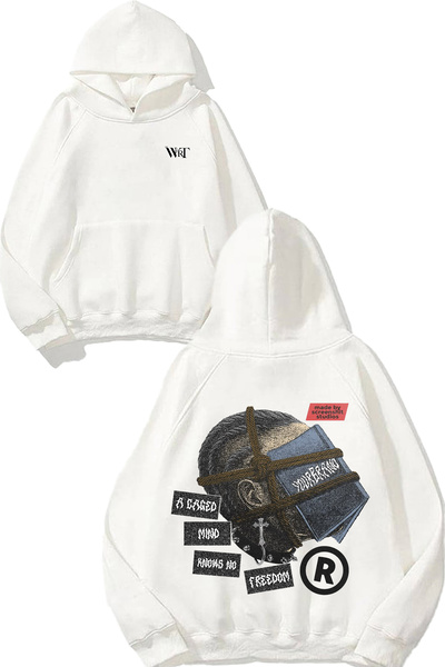 THEWERT A Caged Mind Knows Design Hanorac alb cu glugă cu imprimeu pe spate