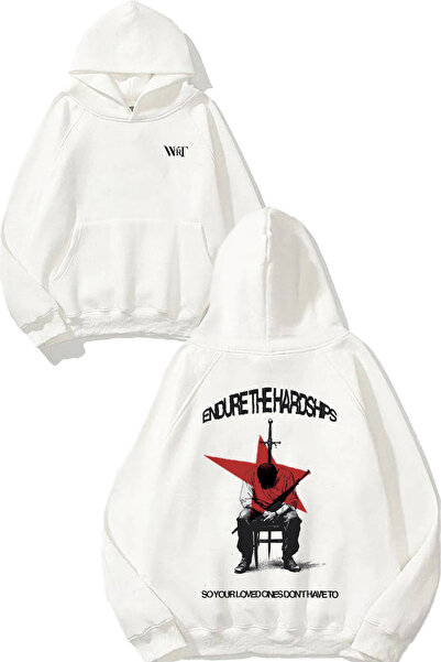 THEWERT Hanorac alb cu glugă cu imprimeu pe spate Endure The Hardshps Design