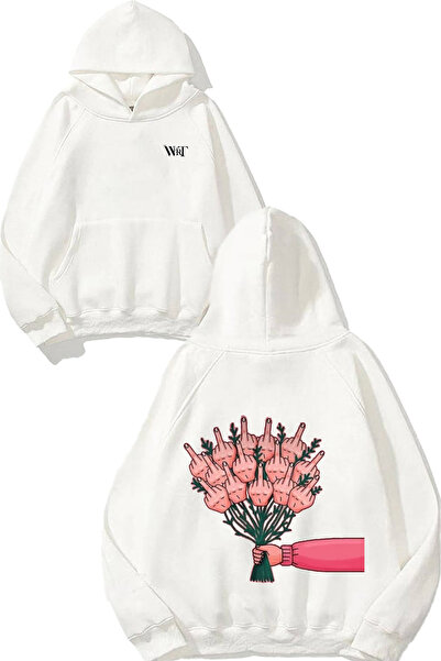 THEWERT Hanorac alb cu glugă cu imprimeu pe spate cu design Finger Bouquet