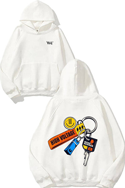 THEWERT Hanorac alb cu glugă cu imprimeu în spate cu design de înaltă tensiune