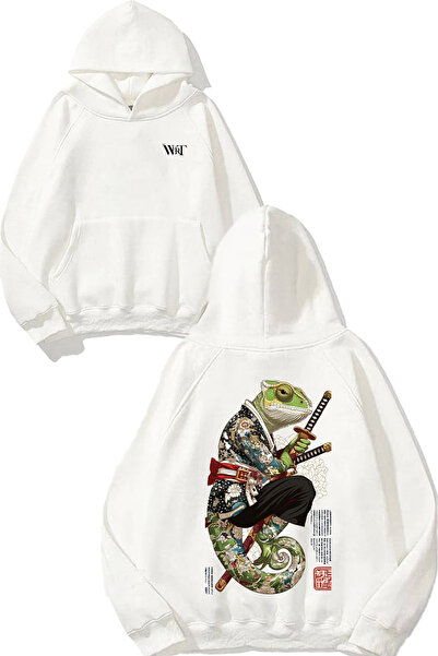 THEWERT Hanorac alb cu glugă cu imprimeu pe spate Samurai Chameleon Design