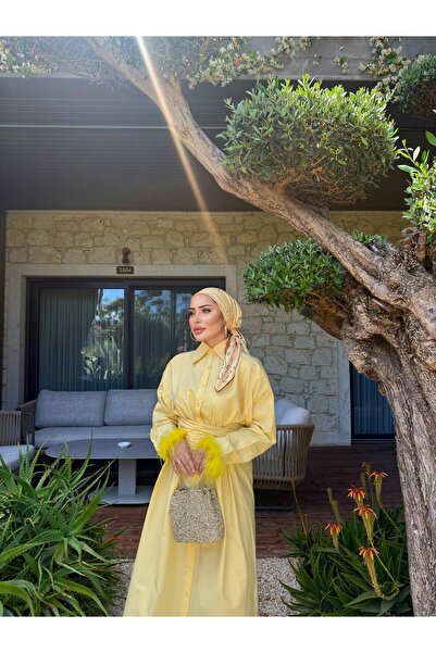 Aden aydın KOLLARI TÜY DETAYLI LÜKS KALİTE TESETTÜR ELBİSE