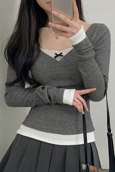 harmony factory Smoked Lace Bow Attached Y2K Long Sleeve Crop Blouse