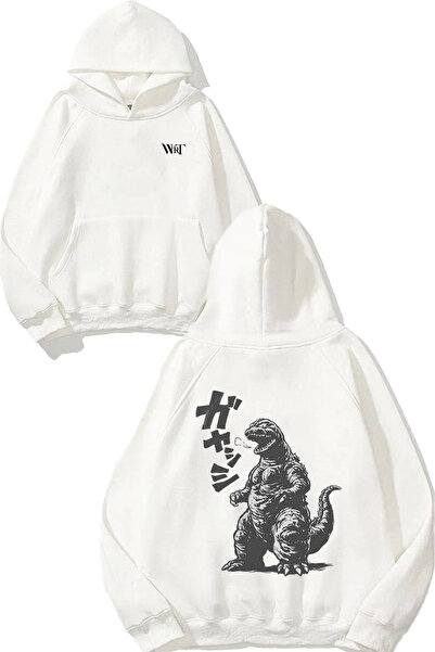 THEWERT Hanorac alb cu glugă cu imprimeu pe spate Godzilla Is Full Design