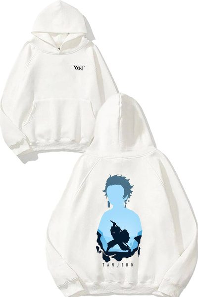THEWERT Hanorac alb cu glugă cu imprimeu pe spate Tanjiro Demon Slayer Design