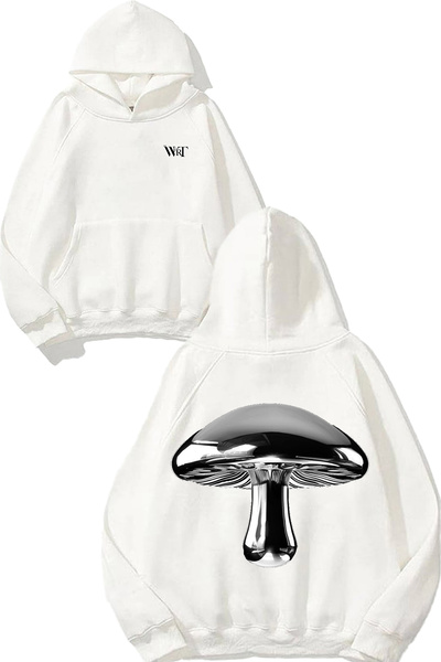 THEWERT Hanorac alb cu glugă cu imprimeu Silver Mushroom Design