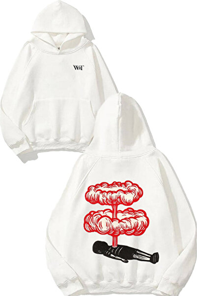 THEWERT Hanorac alb cu glugă cu imprimeu pe spate cu design agrafă în interior