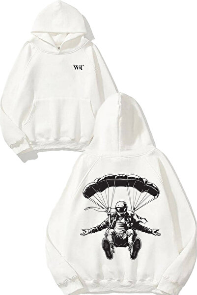 THEWERT سويت شيرت أبيض بقلنسوة مطبوع عليه تصميم الرجل الذي يرتطم بالشفرة الهو...