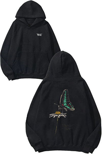 THEWERT سويت شيرت بقلنسوة أسود بتصميم فراشة ديزي مطبوع على الظهر