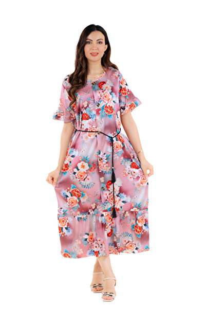 amaan Modern Womens Floral Print Satin Midi Jalabiya Dress, Traditional Arabic Style with Ruffle Sleeves,
